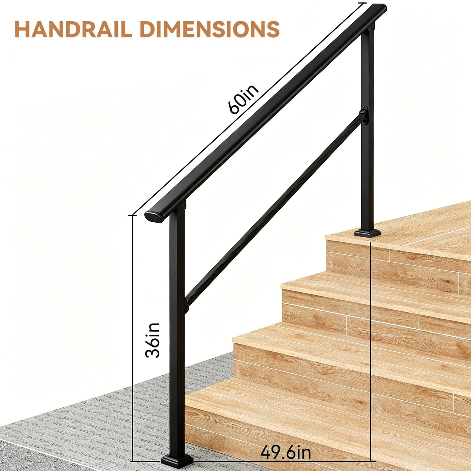 Garvee Pasamanos Ajustable para Escaleras Exteriores, Kit Completo de Aluminio y Acero con Recubrimiento Antióxido, Negro Brillante, 5 Peldaños