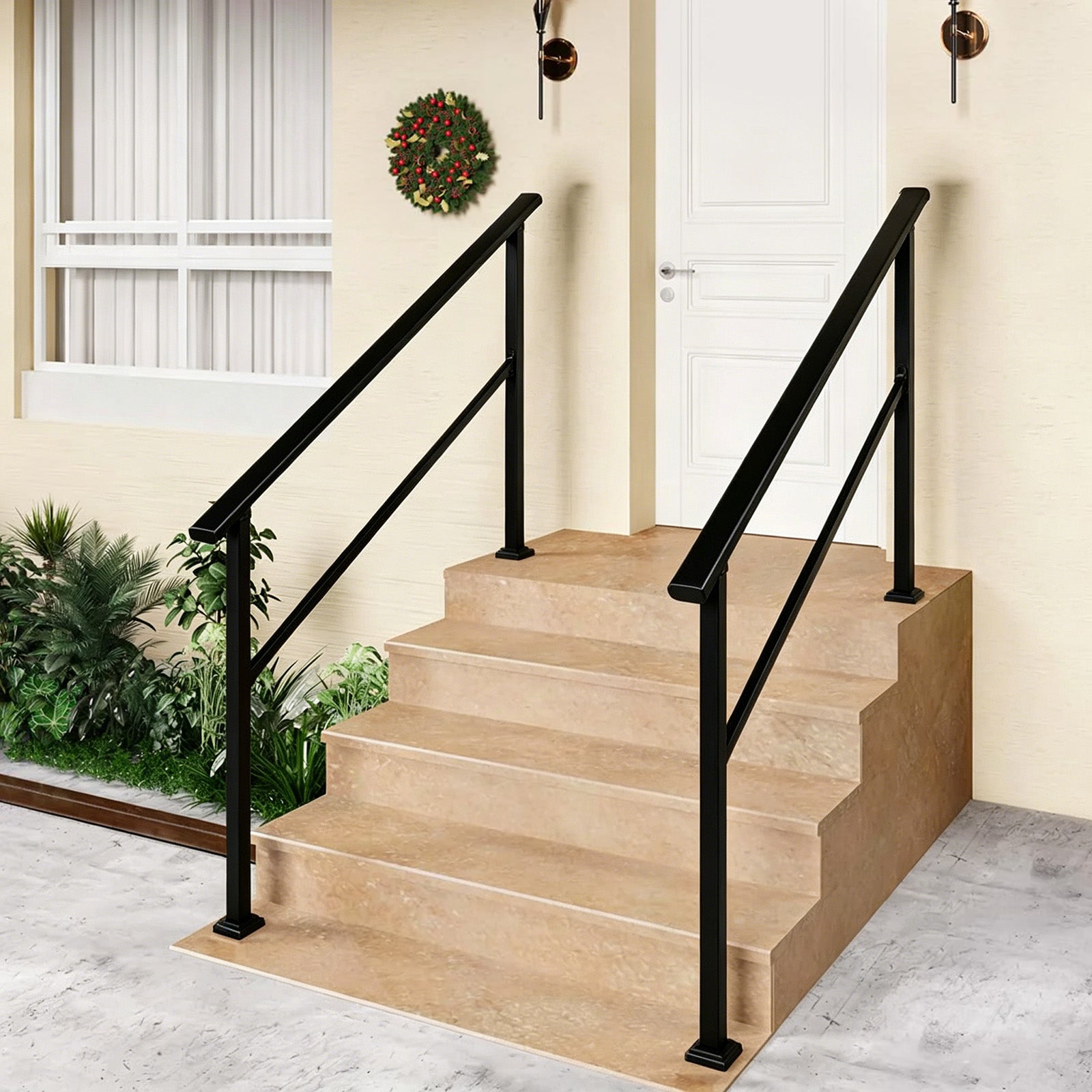 Garvee Pasamanos Ajustable para Escaleras Exteriores, Kit Completo de Aluminio y Acero con Recubrimiento Antióxido, Negro Brillante, 5 Peldaños