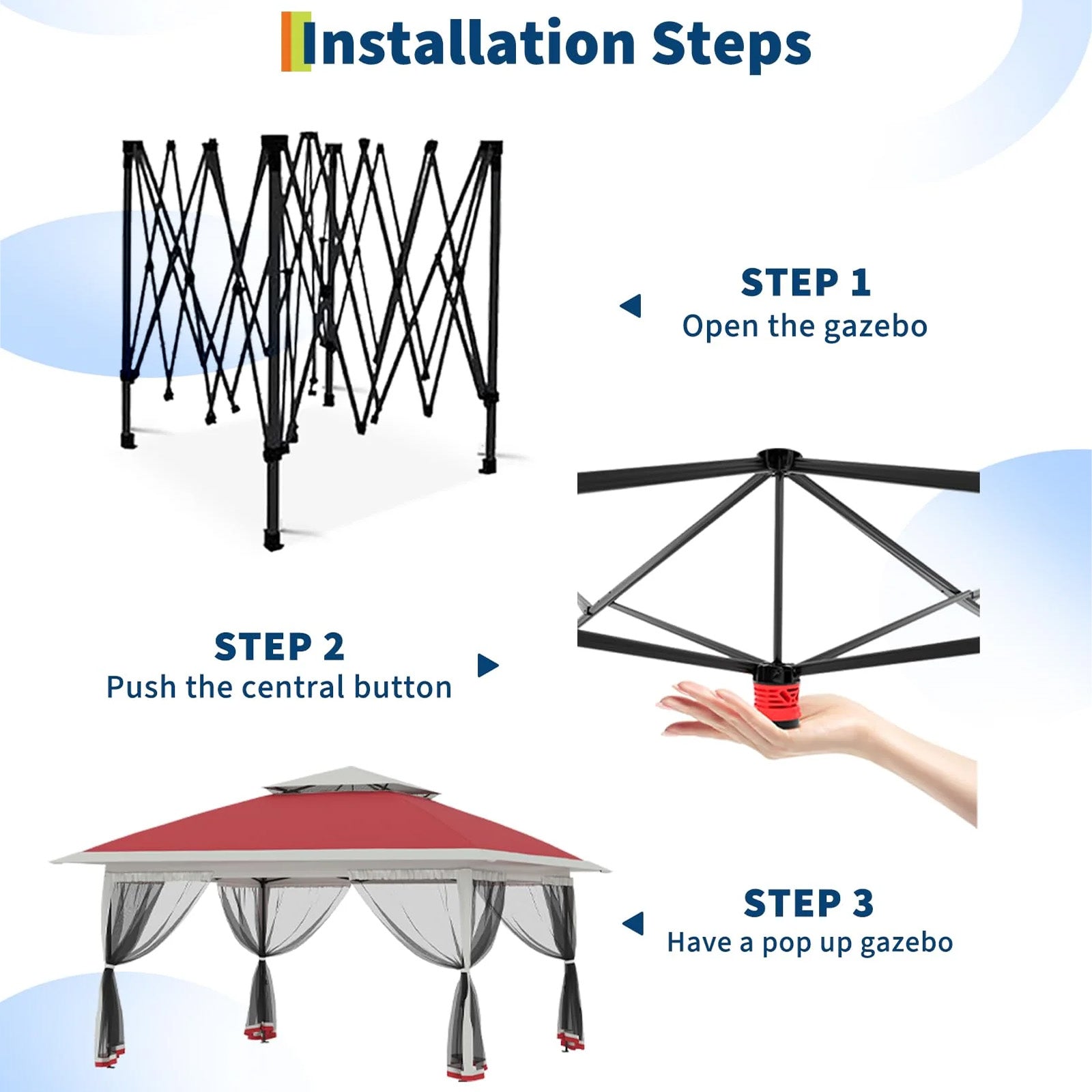 Garvee Pabellón Plegable de 365x365 cm  Cenador Emergente con Aleros Sistema de un Botón Mosquitera Lateral e Impermeable para Jardín, Camping y Eventos, Rojo y Gris
