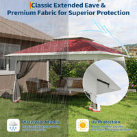 Garvee Pabellón Plegable de 365x365 cm  Cenador Emergente con Aleros Sistema de un Botón Mosquitera Lateral e Impermeable para Jardín, Camping y Eventos, Rojo y Gris