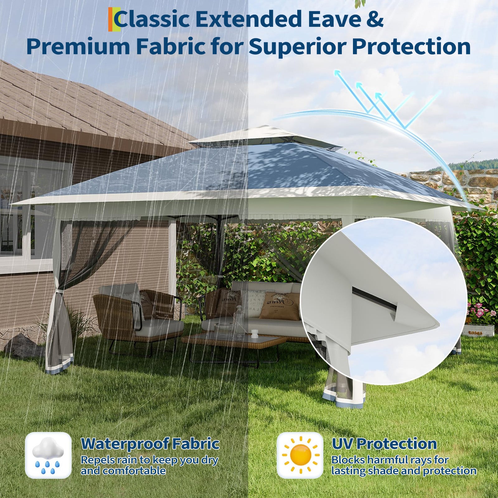 Garvee Carpa Plegable para Eventos 365x365 cm Gazebo Impermeable con Mosquitera y Ajuste de Altura para Camping y Terraza Azul y Gris