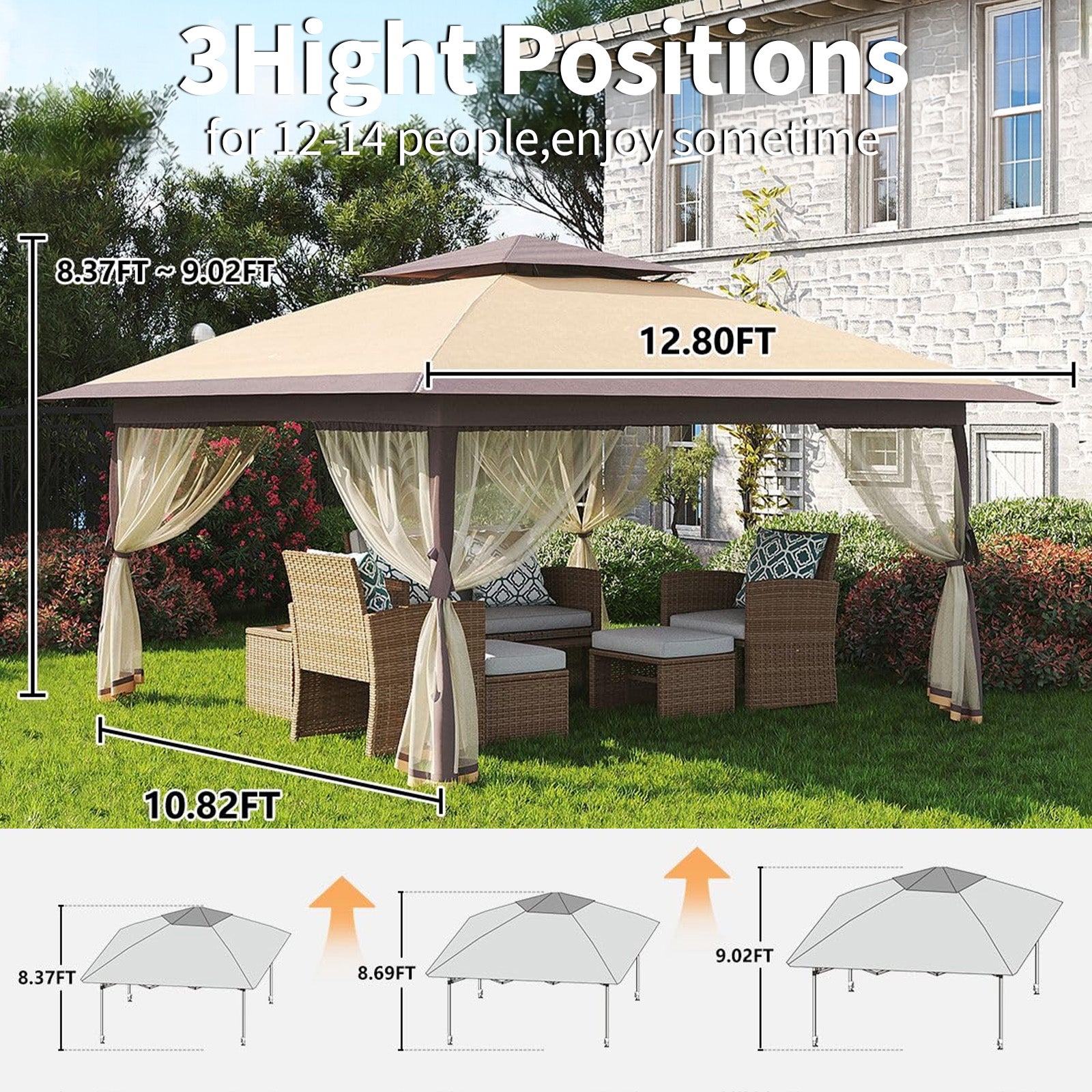 Garvee Gazebo Plegable de 4 x 4 m Carpa de Jardín con Bloqueo Central One Push Altura Ajustable y Mosquitera Protección UV y Lluvia Caqui