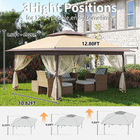 Garvee Gazebo Plegable de 4 x 4 m Carpa de Jardín con Bloqueo Central One Push Altura Ajustable y Mosquitera Protección UV y Lluvia Caqui