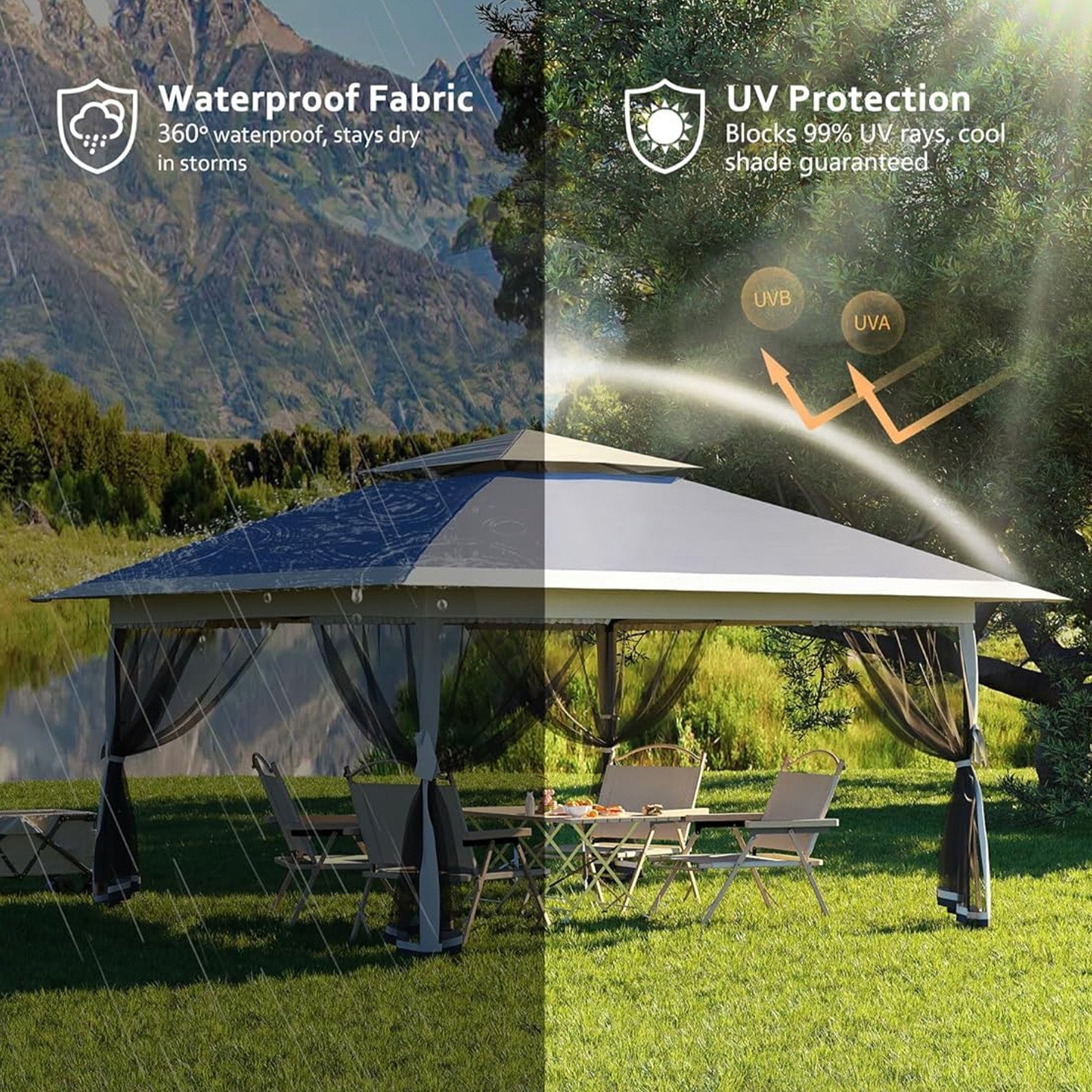 Garvee Carpa Pop Up 396x396cm con Mosquitera, Impermeable y UV, Estructura Metálica Resistente, Oxford 150D para Jardín y Camping, Azul