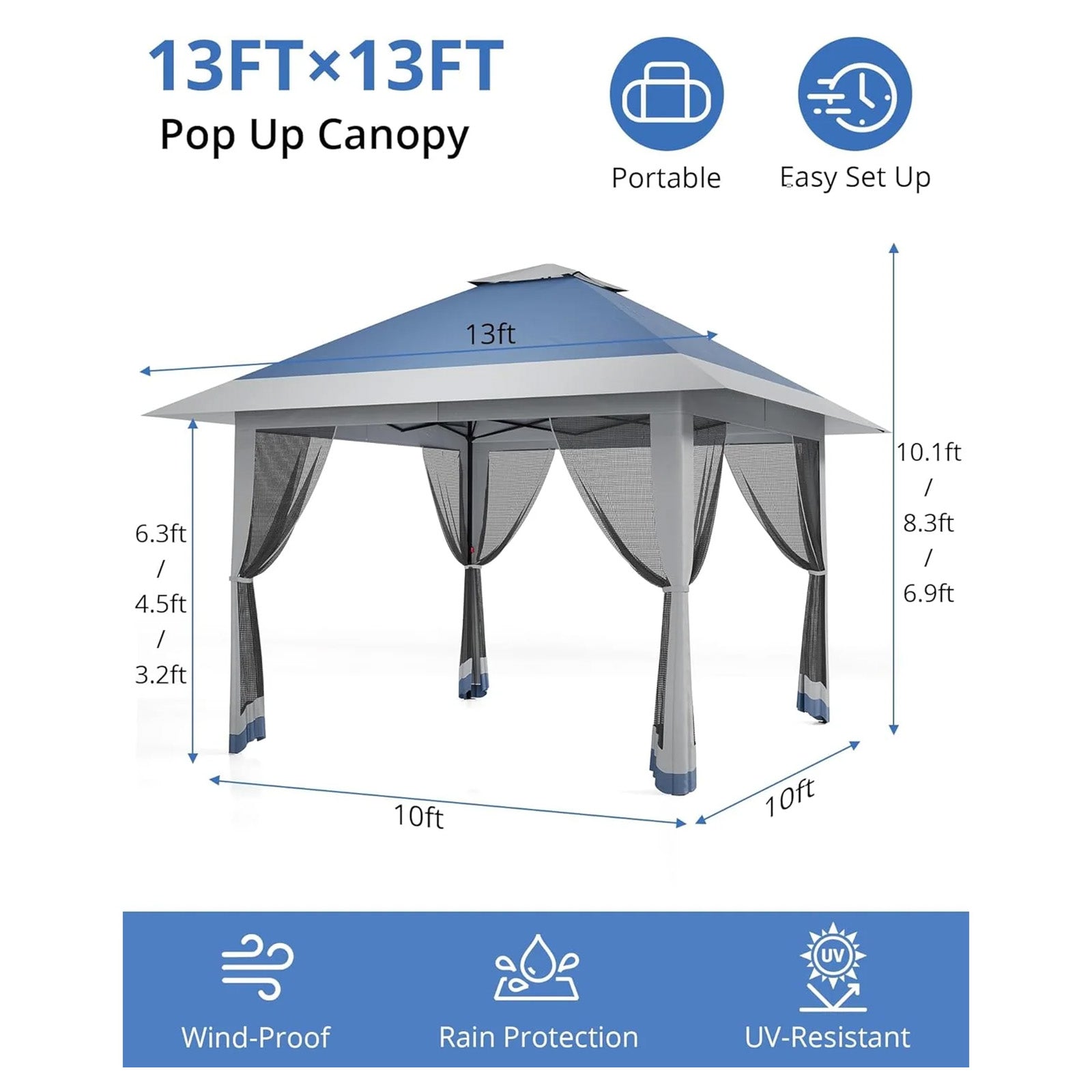 Garvee Carpa Pop Up 396x396cm con Mosquitera, Impermeable y UV, Estructura Metálica Resistente, Oxford 150D para Jardín y Camping, Azul