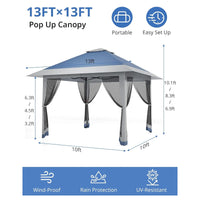 Garvee Carpa Pop Up 396x396cm con Mosquitera, Impermeable y UV, Estructura Metálica Resistente, Oxford 150D para Jardín y Camping, Azul