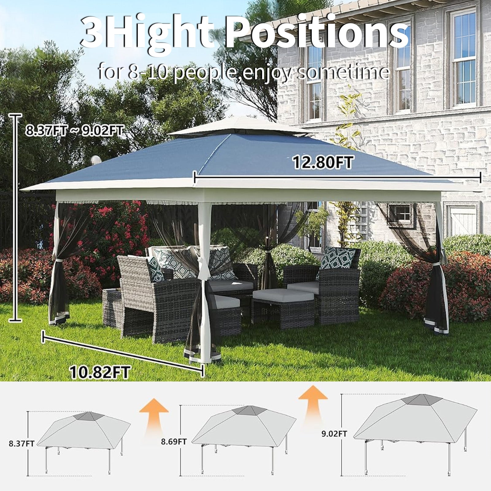 Garvee Carpa Pop Up 396x396cm con Mosquitera, Impermeable y UV, Estructura Metálica Resistente, Oxford 150D para Jardín y Camping, Azul