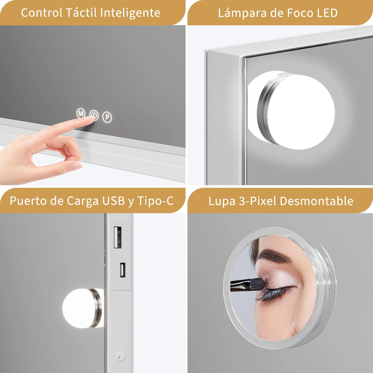 Garvee Espejo de Tocador Hollywood con 17 Bombillas Regulables y 3 Modos de Iluminación, Puerto USB y Tipo C, Control Táctil, Marco de Aluminio, Blanco, 80x60 cm