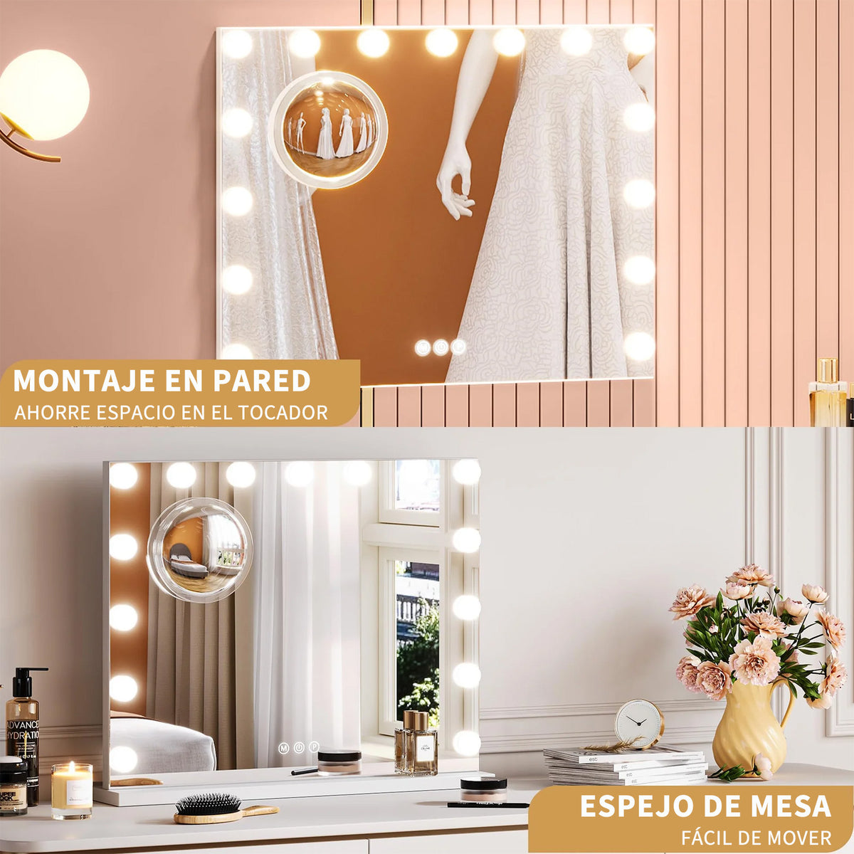 Garvee Espejo de Tocador Hollywood con 17 Bombillas Regulables y 3 Modos de Iluminación, Puerto USB y Tipo C, Control Táctil, Marco de Aluminio, Blanco, 80x60 cm