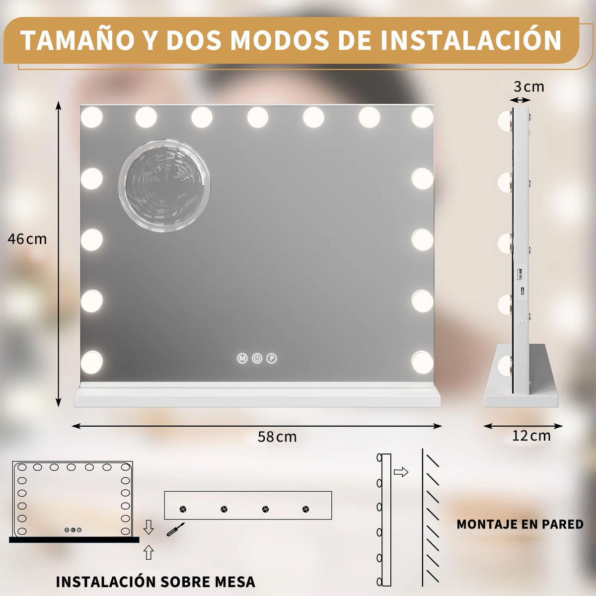 Garvee Espejo de Tocador Hollywood con 15 Bombillas Regulables y 3 Modos de Color, Aumento de 3X, Puerto USB y Tipo C, Control Táctil, Montaje en Mesa o Pared, Blanco, 58 x 46 cm