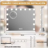 Garvee Espejo de Tocador Hollywood con 15 Bombillas Regulables y 3 Modos de Color, Aumento de 3X, Puerto USB y Tipo C, Control Táctil, Montaje en Mesa o Pared, Blanco, 58 x 46 cm