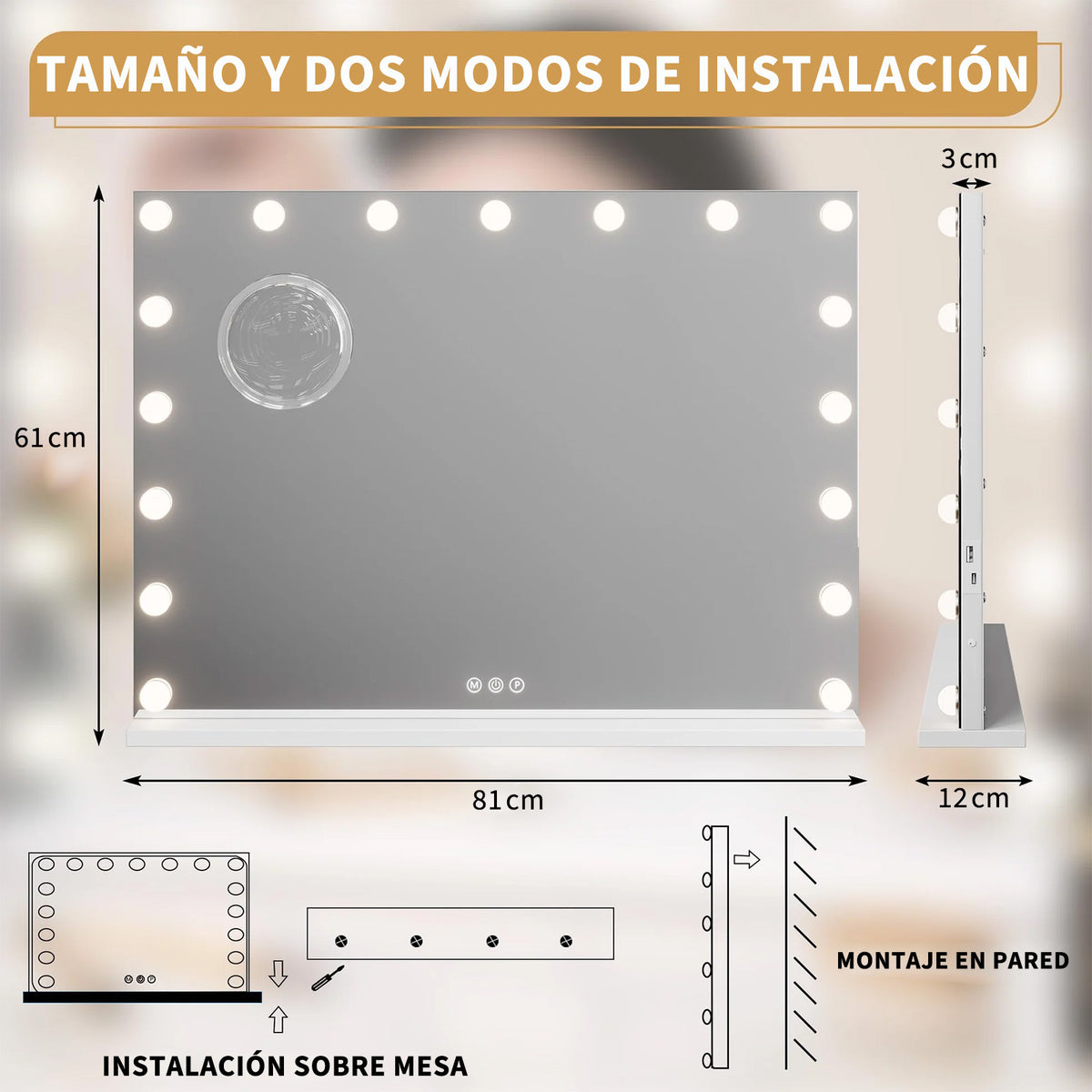 Garvee Espejo de Tocador Hollywood con 17 Bombillas Regulables y 3 Modos de Iluminación, Puerto USB y Tipo C, Control Táctil, Marco de Aluminio, Blanco, 80x60 cm