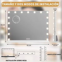 Garvee Espejo de Tocador Hollywood con 17 Bombillas Regulables y 3 Modos de Iluminación, Puerto USB y Tipo C, Control Táctil, Marco de Aluminio, Blanco, 80x60 cm