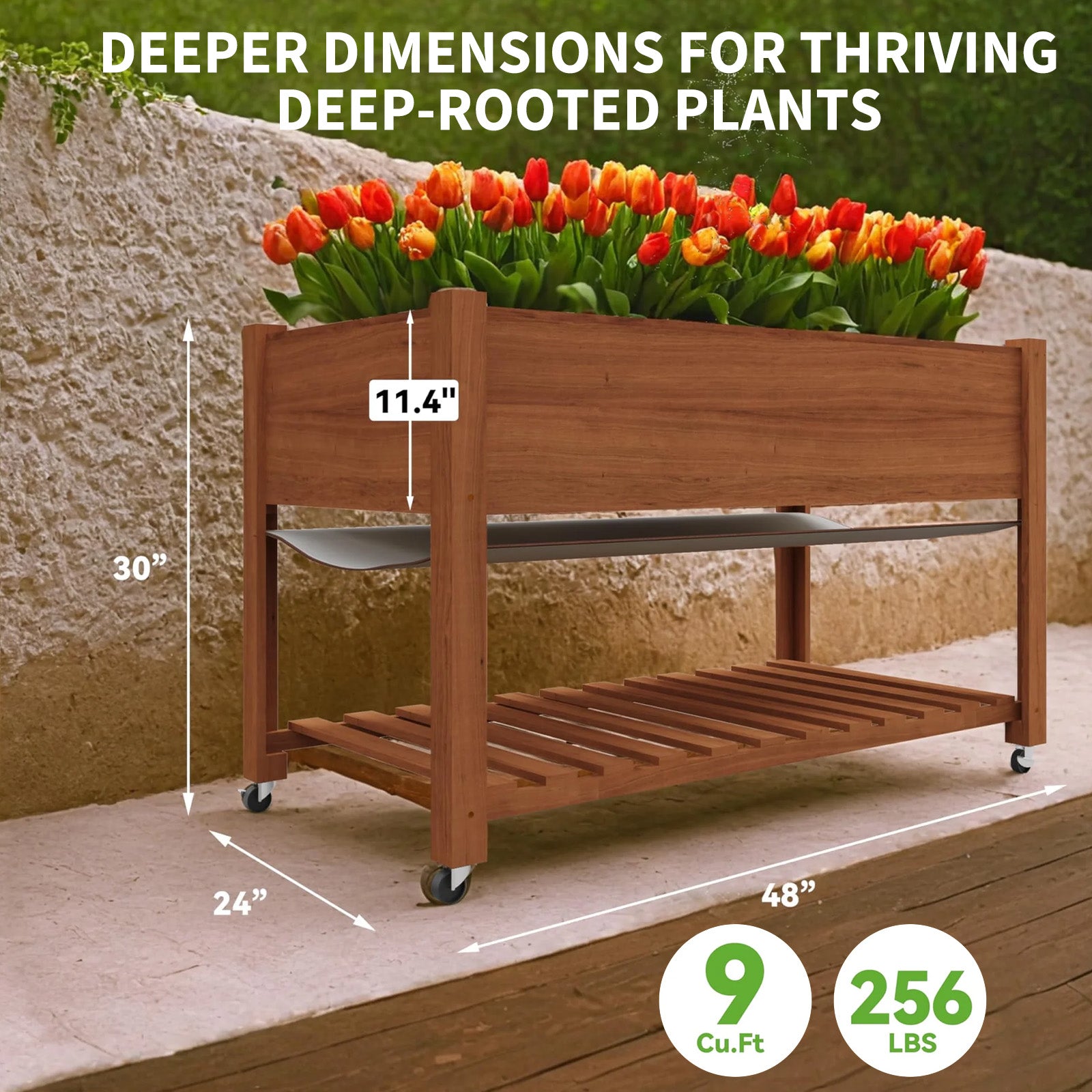 Garvee Jardinera Elevada con Ruedas y Estante, Huerto Urbano Móvil de Madera para Terraza y Patio, 122x61x76 cm, Color Roble