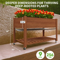 Garvee Jardinera Elevada con Ruedas y Estante, Huerto Urbano Móvil de Madera para Terraza y Patio, 122x61x76 cm, Color Roble
