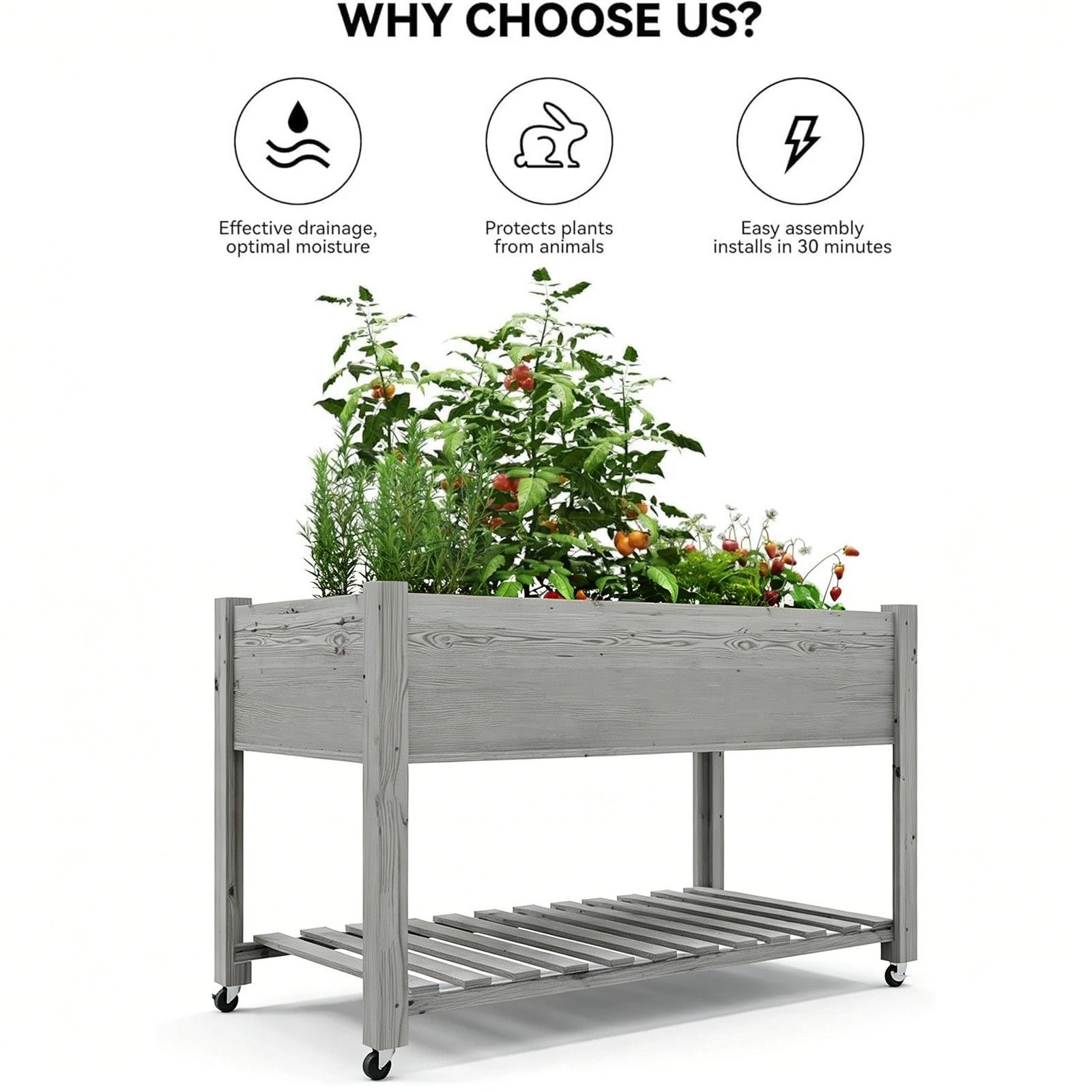 Garvee Jardinera Elevada con Ruedas y Estante, Huerto Urbano Móvil de Madera para Terraza y Patio, 122x61x76 cm, Gris