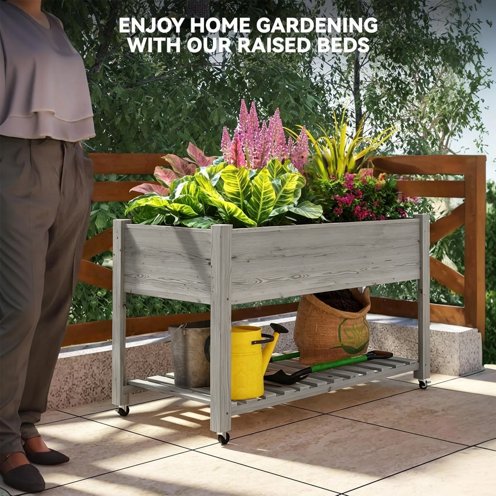 Garvee Jardinera Elevada con Ruedas y Estante, Huerto Urbano Móvil de Madera para Terraza y Patio, 122x61x76 cm, Gris