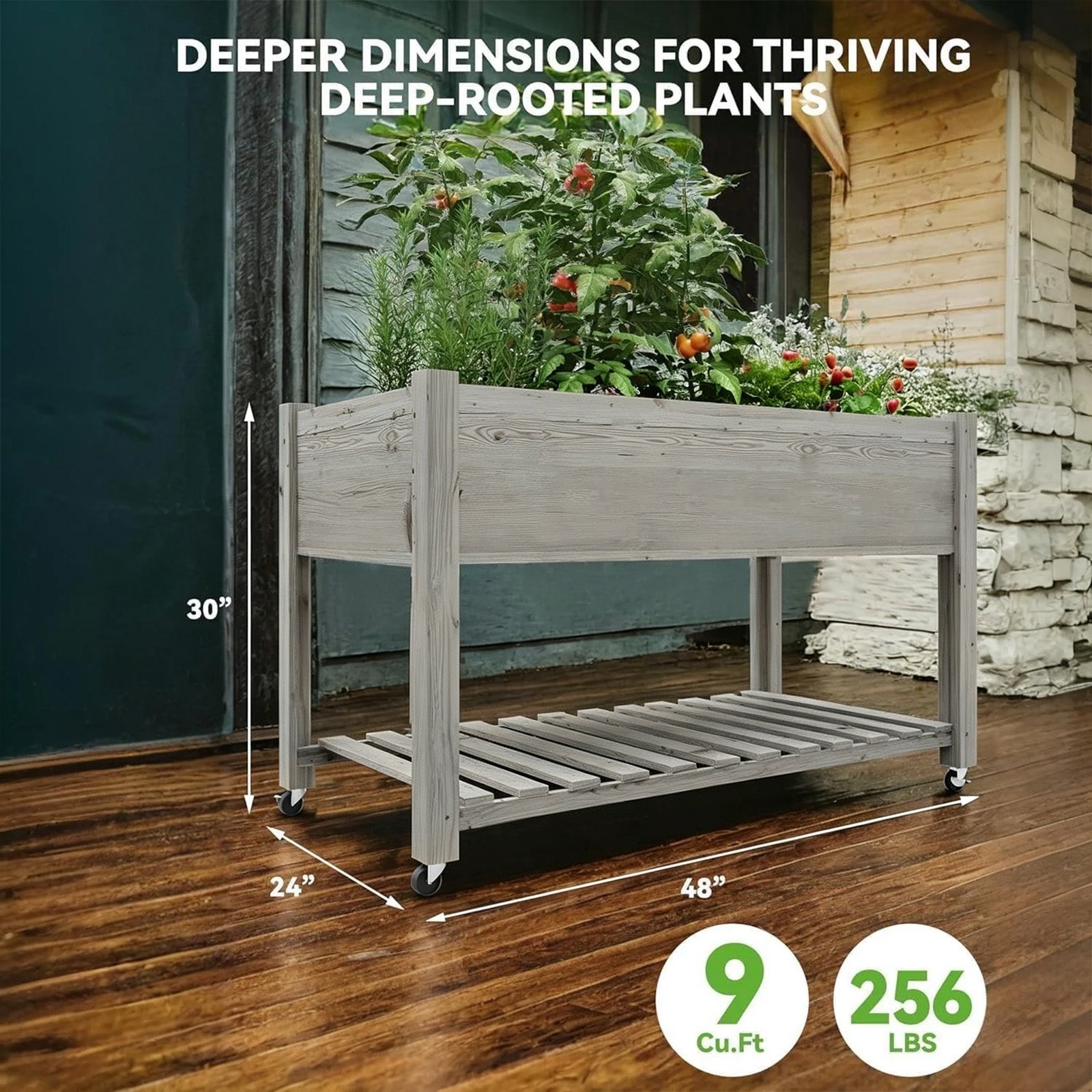 Garvee Jardinera Elevada con Ruedas y Estante, Huerto Urbano Móvil de Madera para Terraza y Patio, 122x61x76 cm, Gris