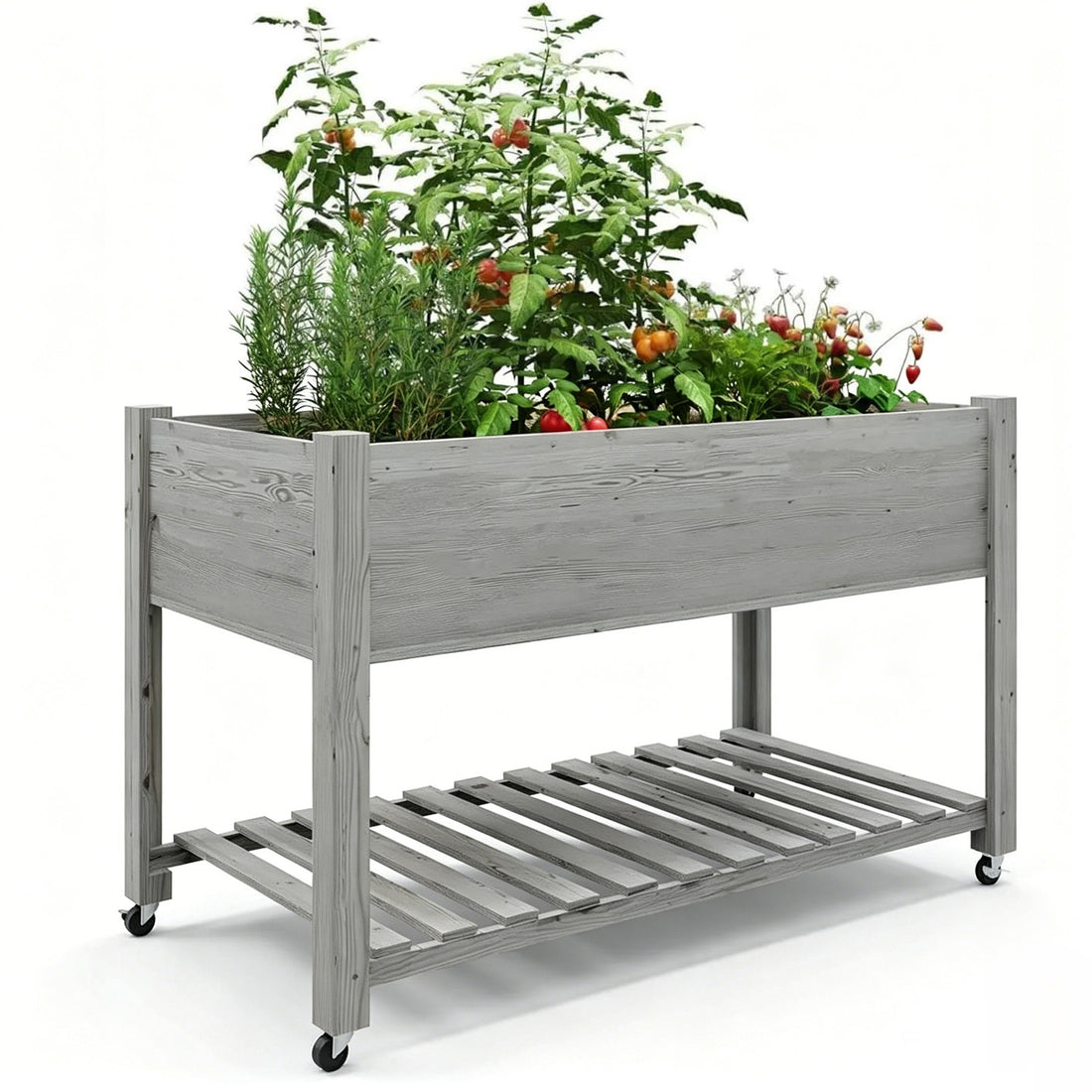Garvee Jardinera Elevada con Ruedas y Estante, Huerto Urbano Móvil de Madera para Terraza y Patio, 122x61x76 cm, Gris