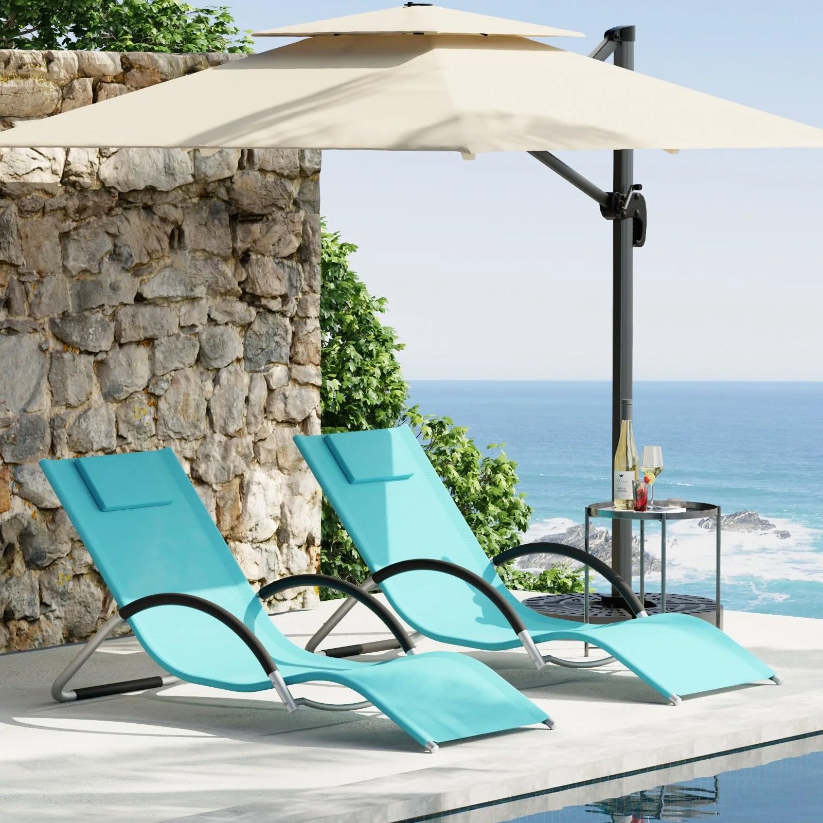 Garvee Juego de 2 Tumbonas de Jardín de Acero y Textileno Azul Hamacas de Exterior Ergonómicas S-Type con Reposacabezas para Patio Terraza y Piscina