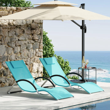 Garvee Juego de 2 Tumbonas de Jardín de Acero y Textileno Azul Hamacas de Exterior Ergonómicas S-Type con Reposacabezas para Patio Terraza y Piscina