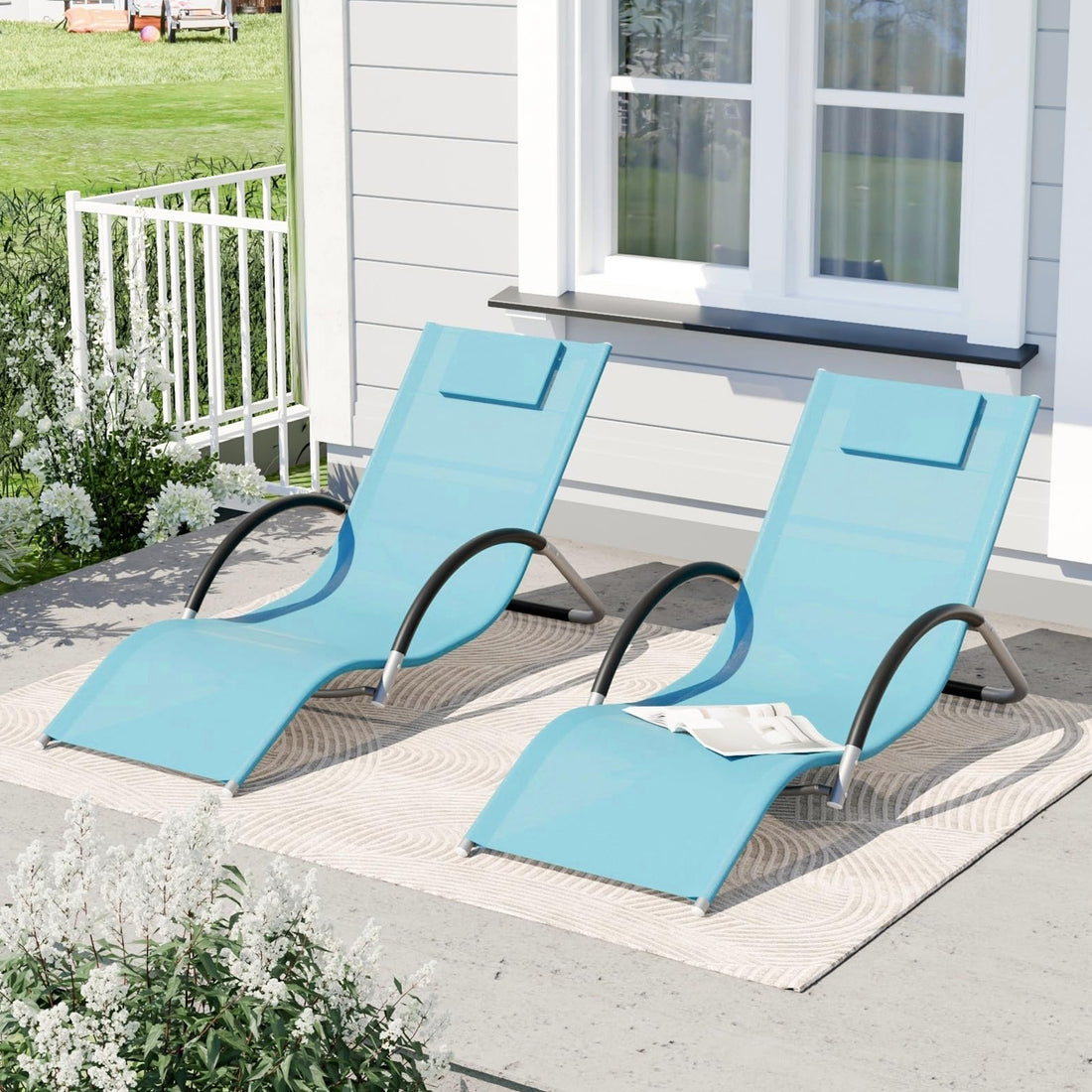 Garvee Juego de 2 Tumbonas de Jardín de Acero y Textileno Azul Hamacas de Exterior Ergonómicas S-Type con Reposacabezas para Patio Terraza y Piscina