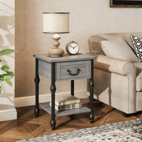 Garvee Mesa Auxiliar Cuadrada de Madera con 1 Cajón y Estante Abierto 40x40 cm Mesita de Noche con Patas Decorativas Estilo Vintage para Salón y Dormitorio Gris
