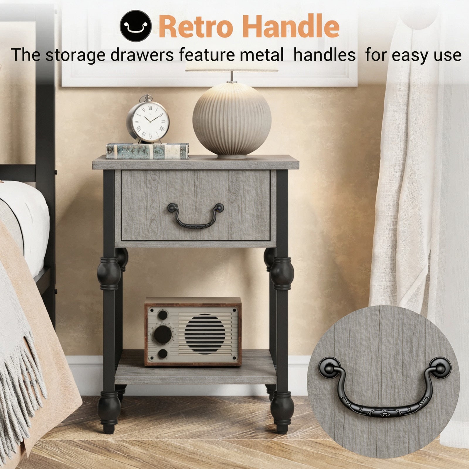 Garvee Mesa Auxiliar Cuadrada de Madera con 1 Cajón y Estante Abierto 40x40 cm Mesita de Noche con Patas Decorativas Estilo Vintage para Salón y Dormitorio Gris