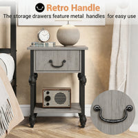 Garvee Mesa Auxiliar Cuadrada de Madera con 1 Cajón y Estante Abierto 40x40 cm Mesita de Noche con Patas Decorativas Estilo Vintage para Salón y Dormitorio Gris