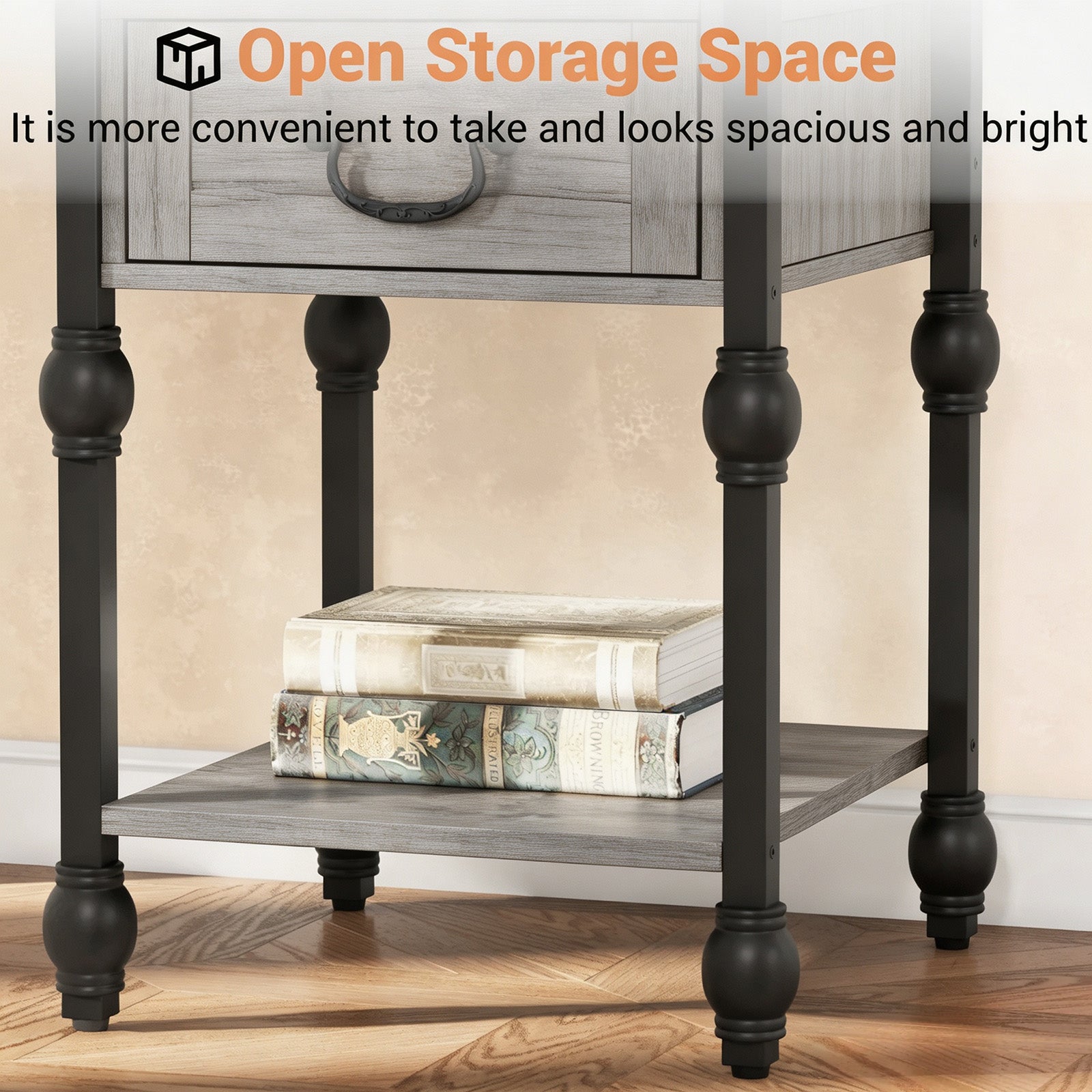 Garvee Mesa Auxiliar Cuadrada de Madera con 1 Cajón y Estante Abierto 40x40 cm Mesita de Noche con Patas Decorativas Estilo Vintage para Salón y Dormitorio Gris