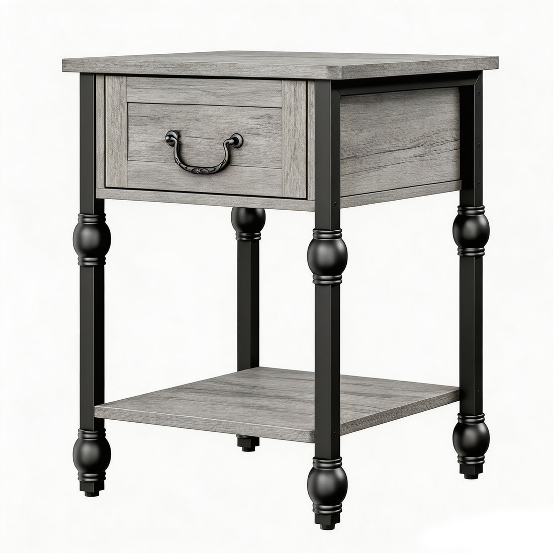 Garvee Mesa Auxiliar Cuadrada de Madera con 1 Cajón y Estante Abierto 40x40 cm Mesita de Noche con Patas Decorativas Estilo Vintage para Salón y Dormitorio Gris