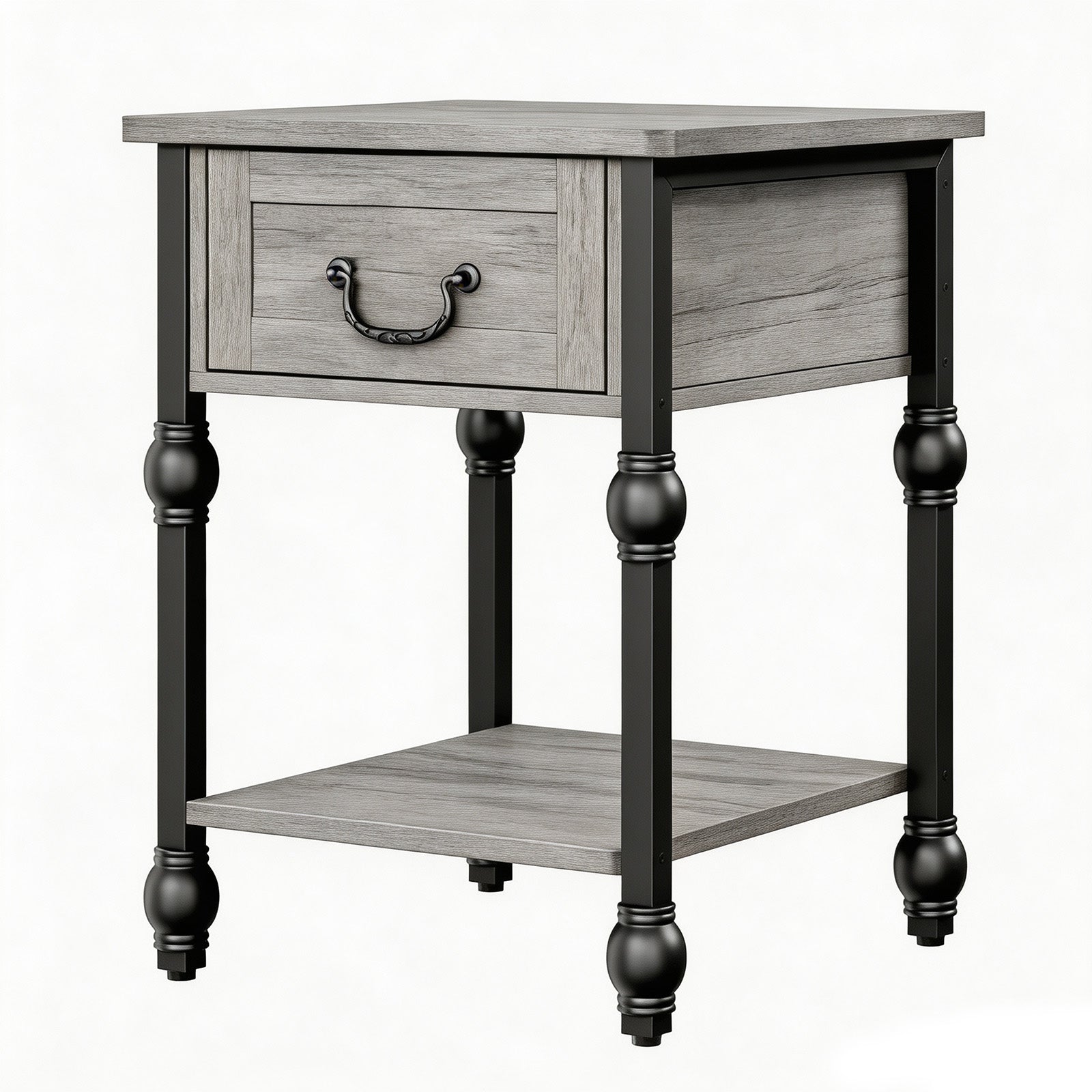 Garvee Mesa Auxiliar Cuadrada de Madera con 1 Cajón y Estante Abierto 40x40 cm Mesita de Noche con Patas Decorativas Estilo Vintage para Salón y Dormitorio Gris