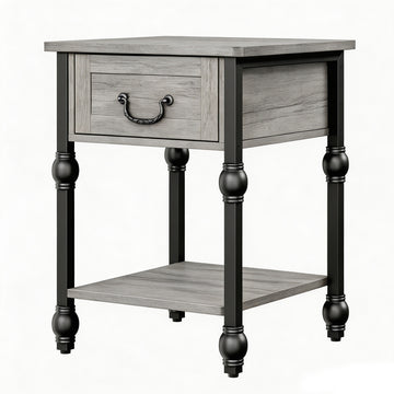 Garvee Mesa Auxiliar Cuadrada de Madera con 1 Cajón y Estante Abierto 40x40 cm Mesita de Noche con Patas Decorativas Estilo Vintage para Salón y Dormitorio Gris