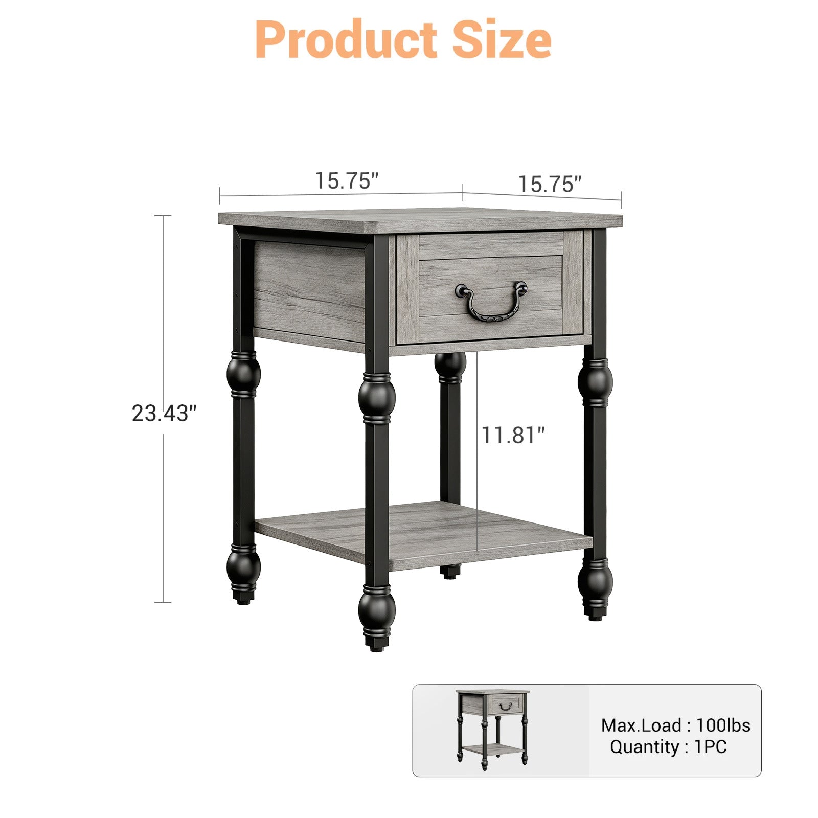 Garvee Mesa Auxiliar Cuadrada de Madera con 1 Cajón y Estante Abierto 40x40 cm Mesita de Noche con Patas Decorativas Estilo Vintage para Salón y Dormitorio Gris