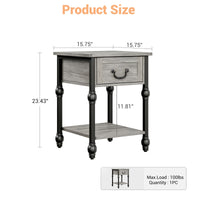 Garvee Mesa Auxiliar Cuadrada de Madera con 1 Cajón y Estante Abierto 40x40 cm Mesita de Noche con Patas Decorativas Estilo Vintage para Salón y Dormitorio Gris