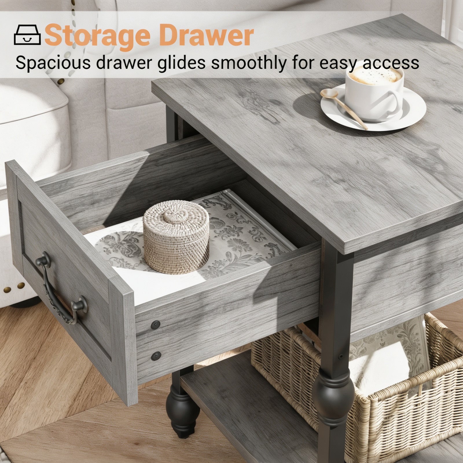 Garvee Mesa Auxiliar Cuadrada de Madera con 1 Cajón y Estante Abierto 40x40 cm Mesita de Noche con Patas Decorativas Estilo Vintage para Salón y Dormitorio Gris