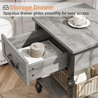 Garvee Mesa Auxiliar Cuadrada de Madera con 1 Cajón y Estante Abierto 40x40 cm Mesita de Noche con Patas Decorativas Estilo Vintage para Salón y Dormitorio Gris