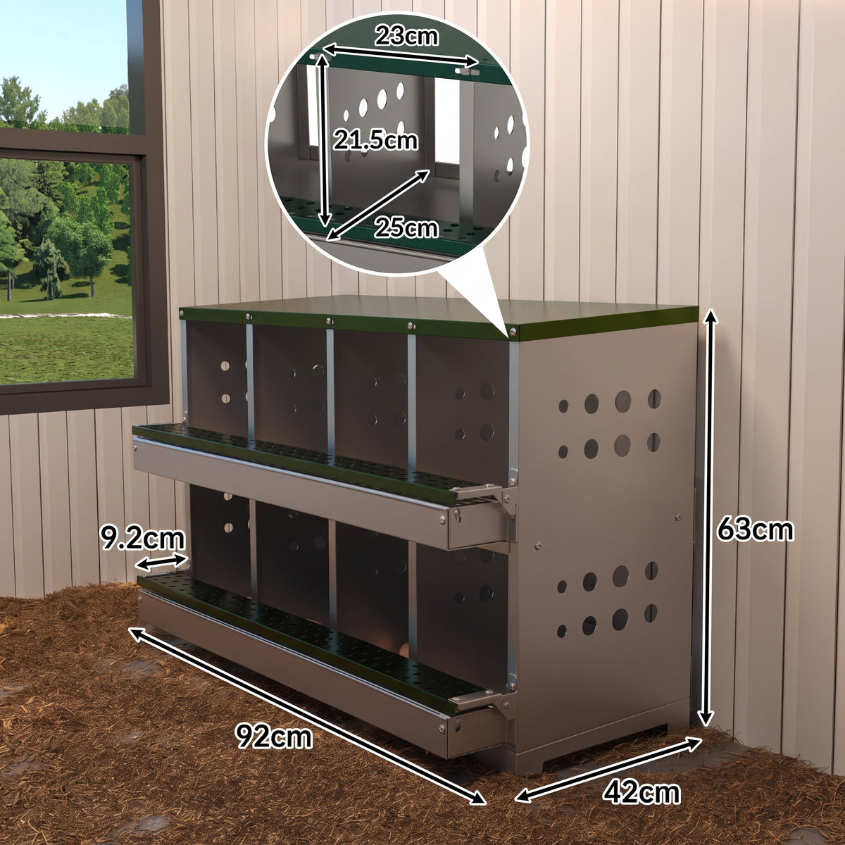 Garvee Ponedero y Caja de Anidación para Gallinas de 2 Pisos - 8 Compartimentos de Acero Galvanizado, Bandeja de Recolección con 8 Huevos Falsos (Verde Oscuro)