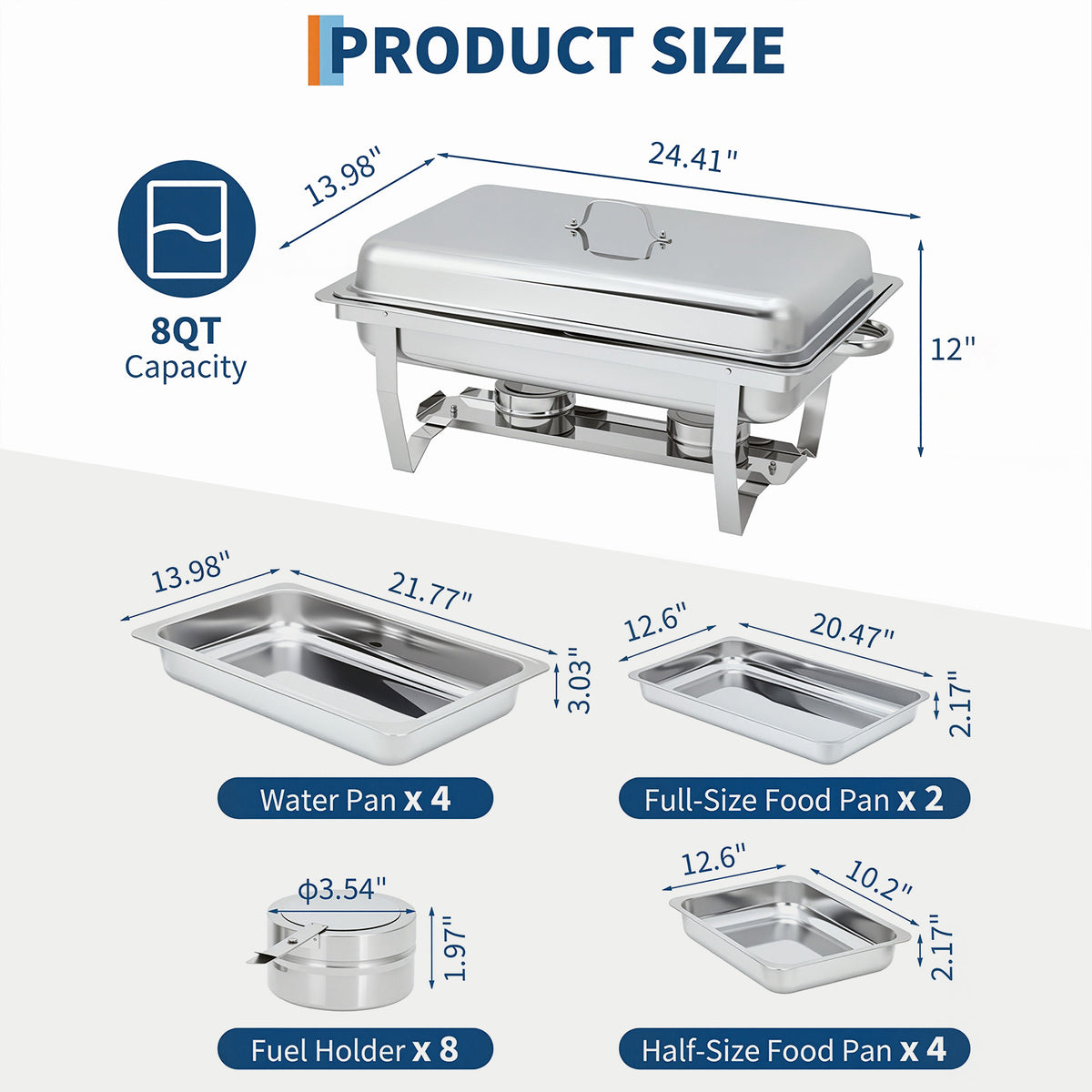 Garvee Juego de 4 Chafing Dishes Buffet 7,5 Litros 8 QT Acero Inoxidable Calentadores de Comida con Bandejas Enteras y Divididas para Catering Banquetes y Bodas Plata