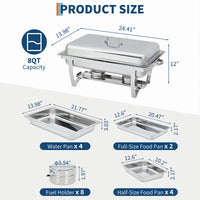 Garvee Juego de 4 Chafing Dishes Buffet 7,5 Litros 8 QT Acero Inoxidable Calentadores de Comida con Bandejas Enteras y Divididas para Catering Banquetes y Bodas Plata