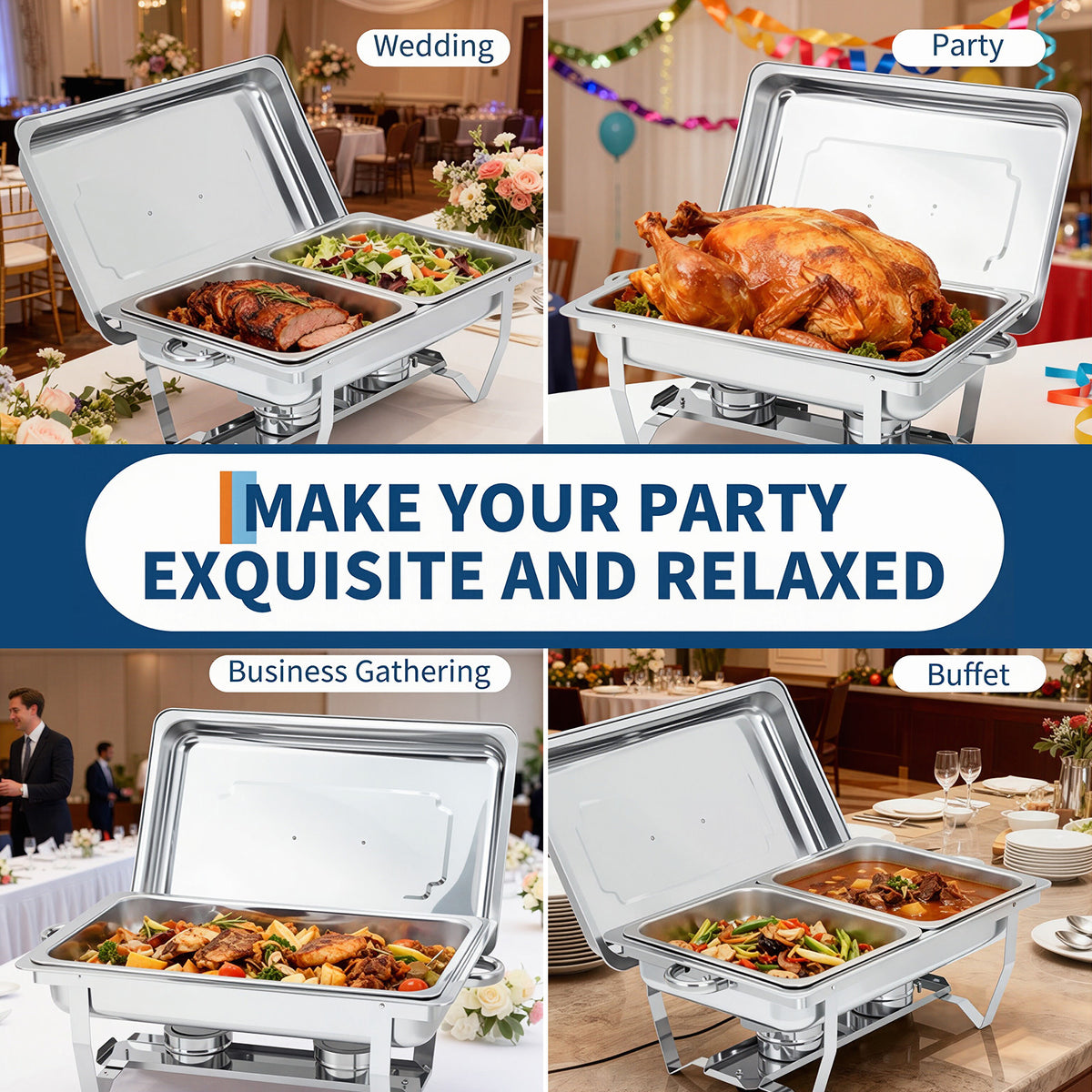 Garvee Juego de 4 Chafing Dishes Buffet 7,5 Litros 8 QT Acero Inoxidable Calentadores de Comida con Bandejas Enteras y Divididas para Catering Banquetes y Bodas Plata
