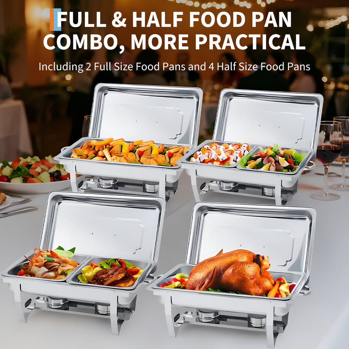 Garvee Juego de 4 Chafing Dishes Buffet 7,5 Litros 8 QT Acero Inoxidable Calentadores de Comida con Bandejas Enteras y Divididas para Catering Banquetes y Bodas Plata