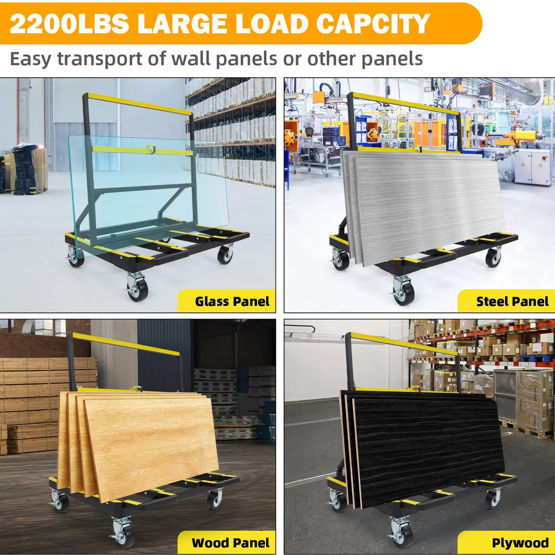 Garvee Carro Plegable de Transporte para Paneles de Vidrio, Madera y Pladur, Capacidad 816 kg, Estructura de Acero con Ruedas Giratorias y Frenos, Altura Ajustable