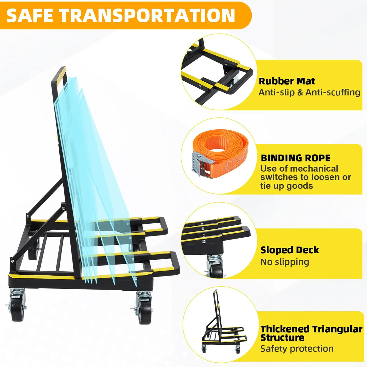 Garvee Carro Plegable de Transporte para Paneles de Vidrio, Madera y Pladur, Capacidad 816 kg, Estructura de Acero con Ruedas Giratorias y Frenos, Altura Ajustable