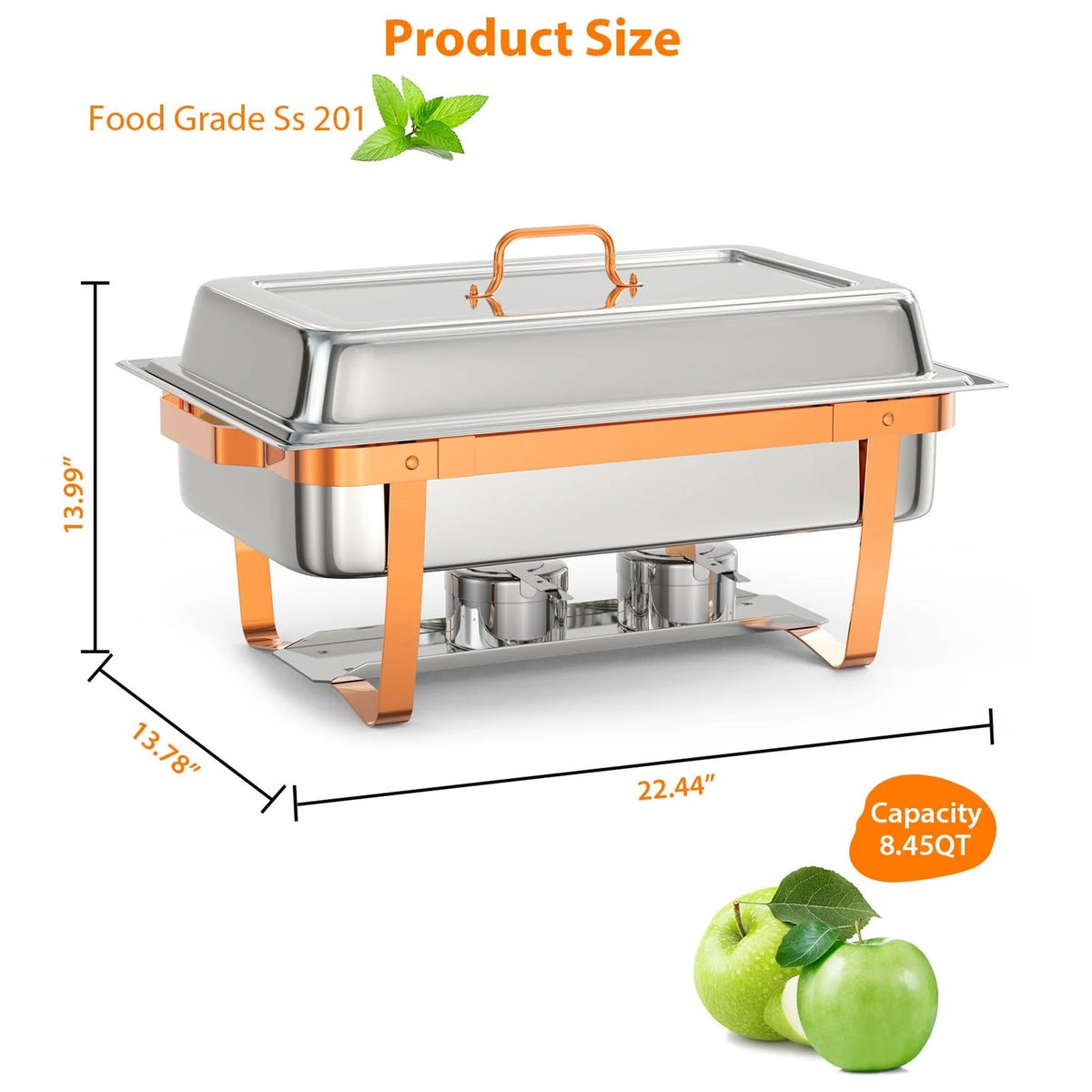 Garvee Set de 6 Chafing Dishes Rectangulares de 9L Calentadores de Comida para Buffet de Acero Inoxidable 201 con Patas Plegables y Detalles de Oro Rosa para Catering y Fiestas