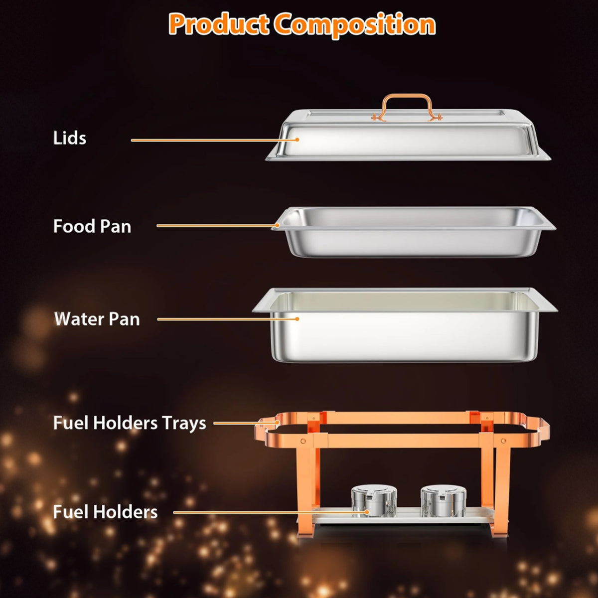 Garvee Set de 6 Chafing Dishes Rectangulares de 9L Calentadores de Comida para Buffet de Acero Inoxidable 201 con Patas Plegables y Detalles de Oro Rosa para Catering y Fiestas