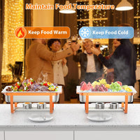 Garvee Set de 6 Chafing Dishes Rectangulares de 9L Calentadores de Comida para Buffet de Acero Inoxidable 201 con Patas Plegables y Detalles de Oro Rosa para Catering y Fiestas