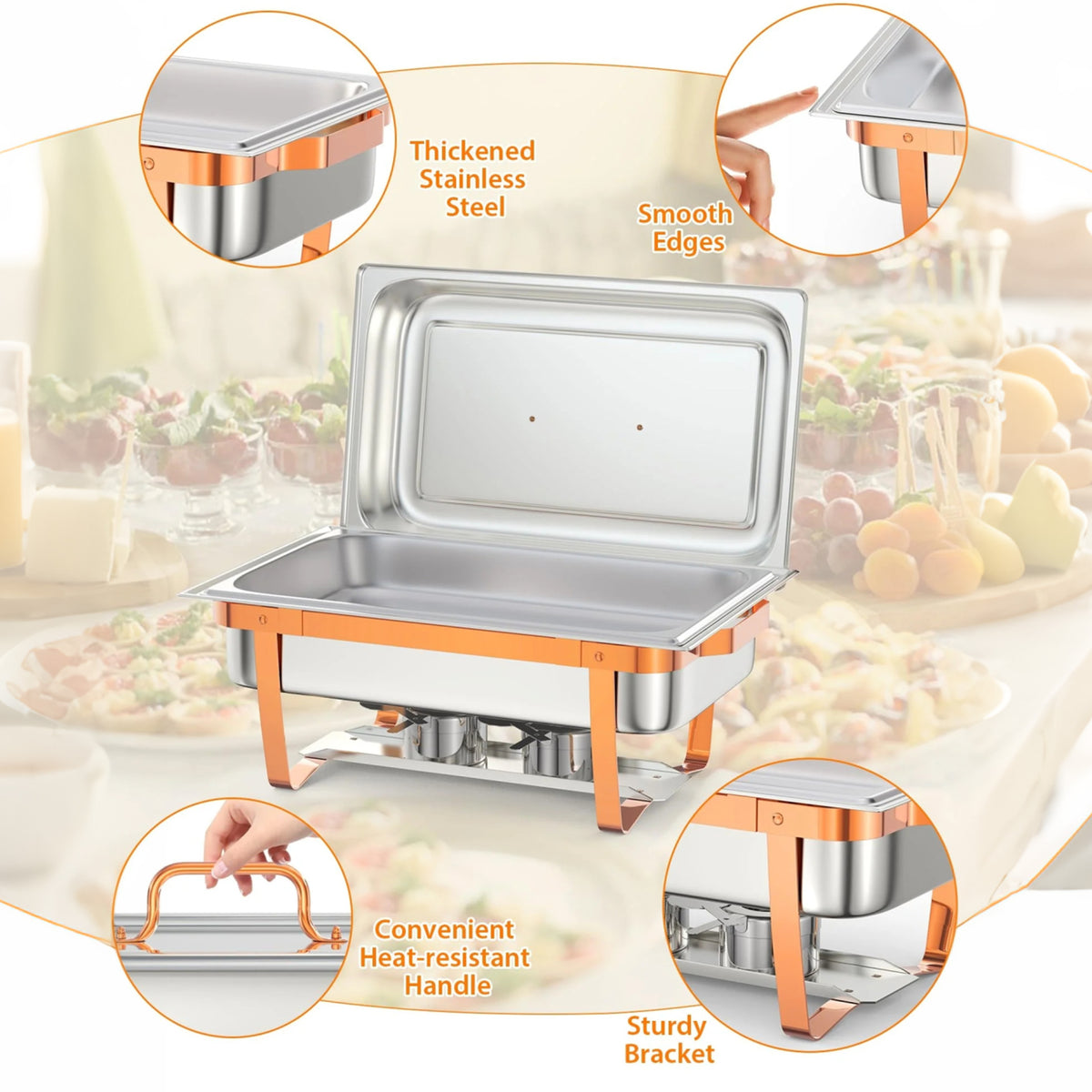 Garvee Set de 6 Chafing Dishes Rectangulares de 9L Calentadores de Comida para Buffet de Acero Inoxidable 201 con Patas Plegables y Detalles de Oro Rosa para Catering y Fiestas