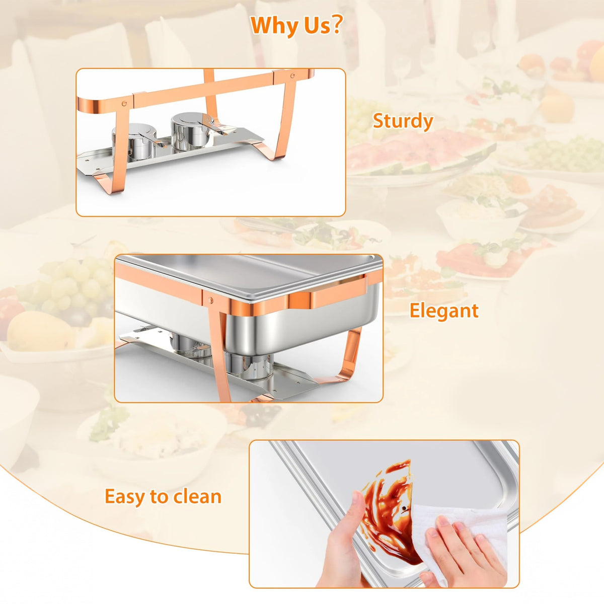 Garvee Set de 6 Chafing Dishes Rectangulares de 9L Calentadores de Comida para Buffet de Acero Inoxidable 201 con Patas Plegables y Detalles de Oro Rosa para Catering y Fiestas
