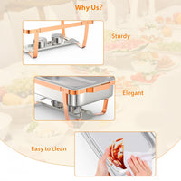 Garvee Set de 6 Chafing Dishes Rectangulares de 9L Calentadores de Comida para Buffet de Acero Inoxidable 201 con Patas Plegables y Detalles de Oro Rosa para Catering y Fiestas